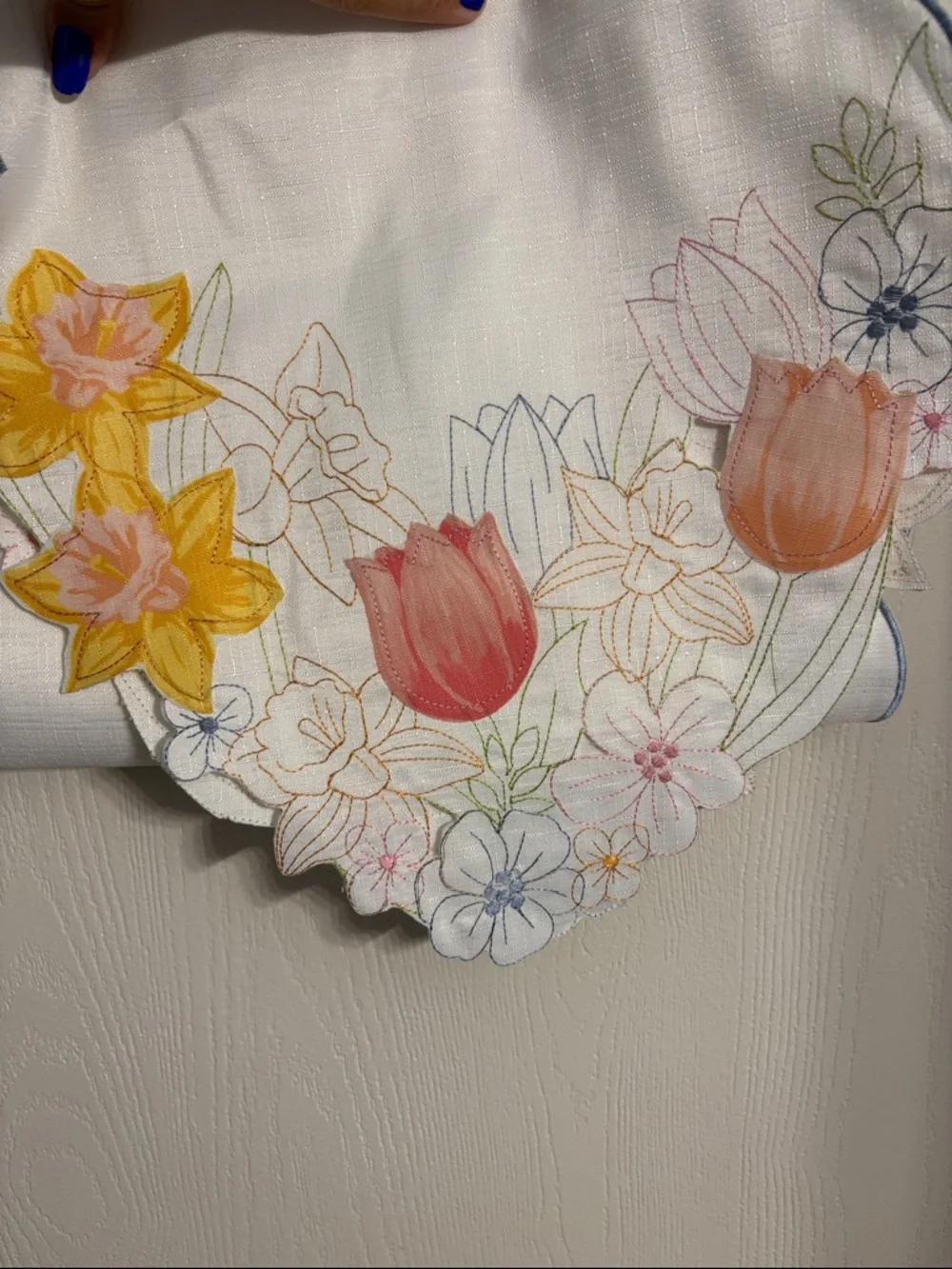 White Scalloped Floral Embroidered Table Runner with Blue Trim